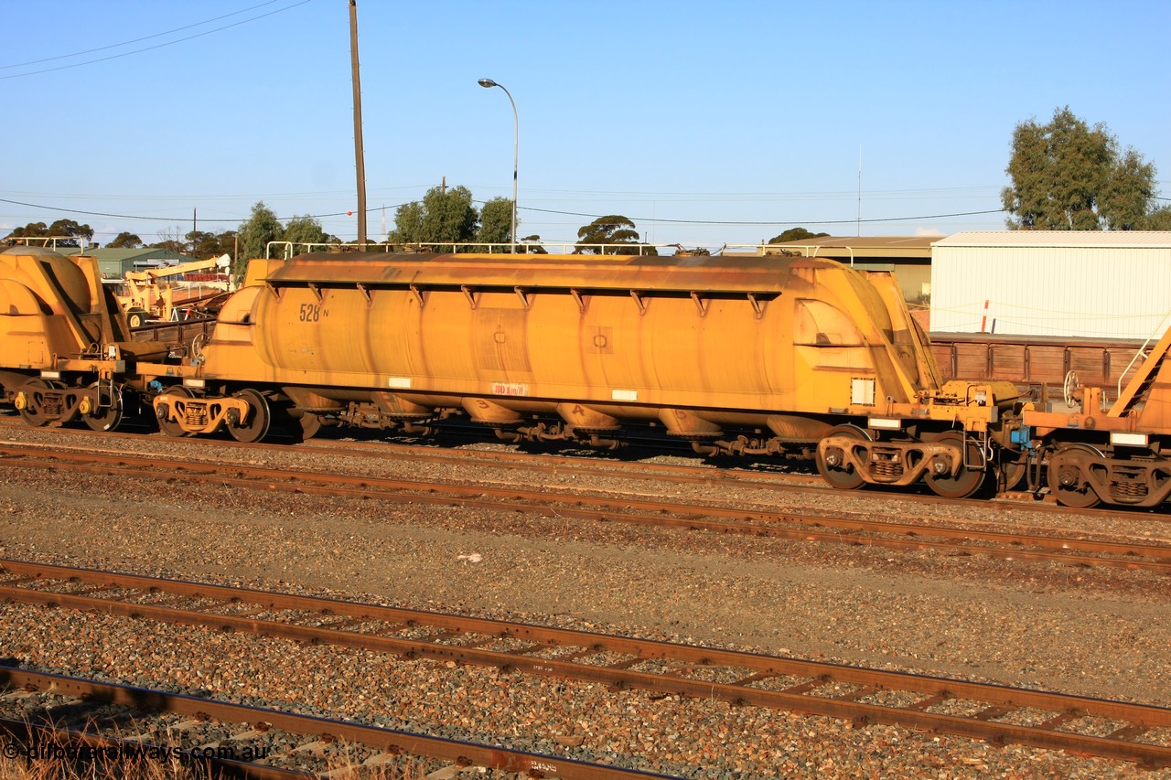 100601 8484
West Kalgoorlie, WN 528, pneumatic discharge nickel concentrate waggon, one of thirty units built by AE Goodwin NSW as WN type in 1970 for WMC.
Keywords: WN-type;WN528;AE-Goodwin;