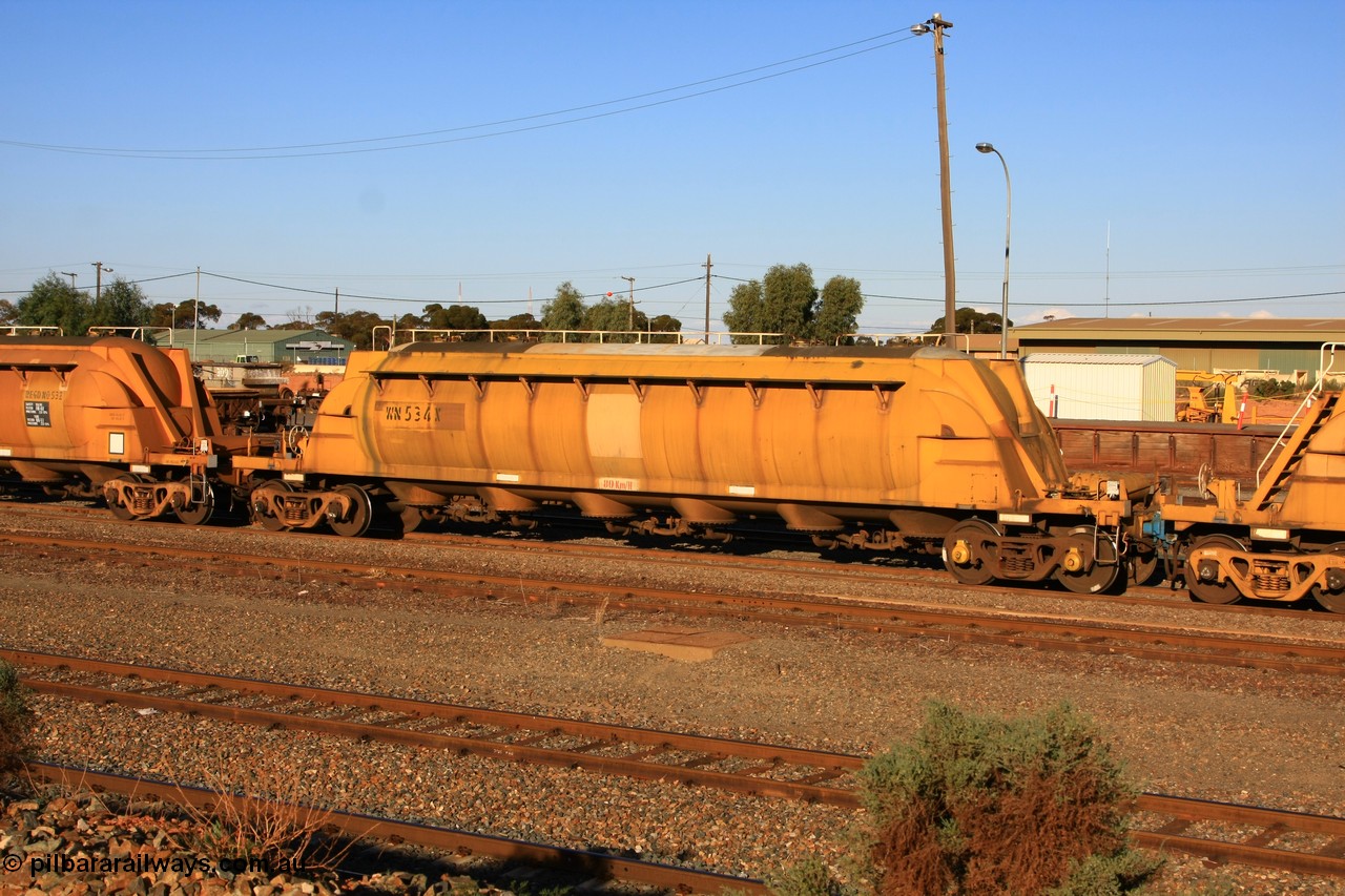100601 8487
West Kalgoorlie, WN 534, pneumatic discharge nickel concentrate waggon, one of a further ten units built by WAGR Midland Workshops as WN type in 1975 for WMC.
Keywords: WN-type;WN534;WAGR-Midland-WS;