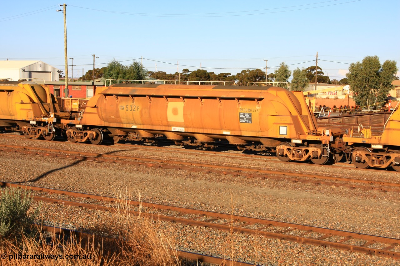 100601 8488
West Kalgoorlie, WN 532, pneumatic discharge nickel concentrate waggon, one of a further ten built by WAGR Midland Workshops as WN type in 1975 for WMC.
Keywords: WN-type;WN532;WAGR-Midland-WS;