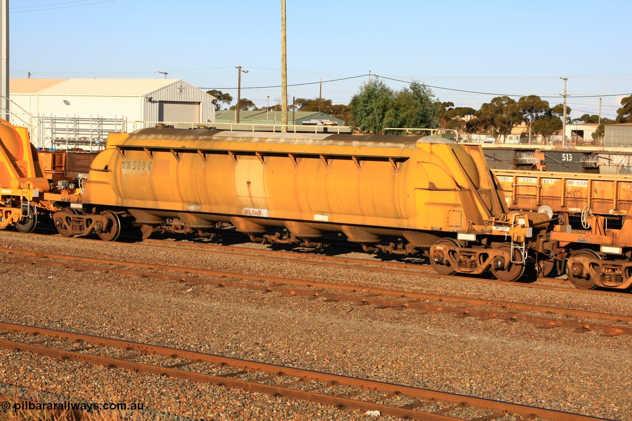 100601 8489
West Kalgoorlie, WN 509, pneumatic discharge nickel concentrate waggon, one of thirty units built by AE Goodwin NSW as WN type in 1970 for WMC.
Keywords: WN-type;WN509;AE-Goodwin;