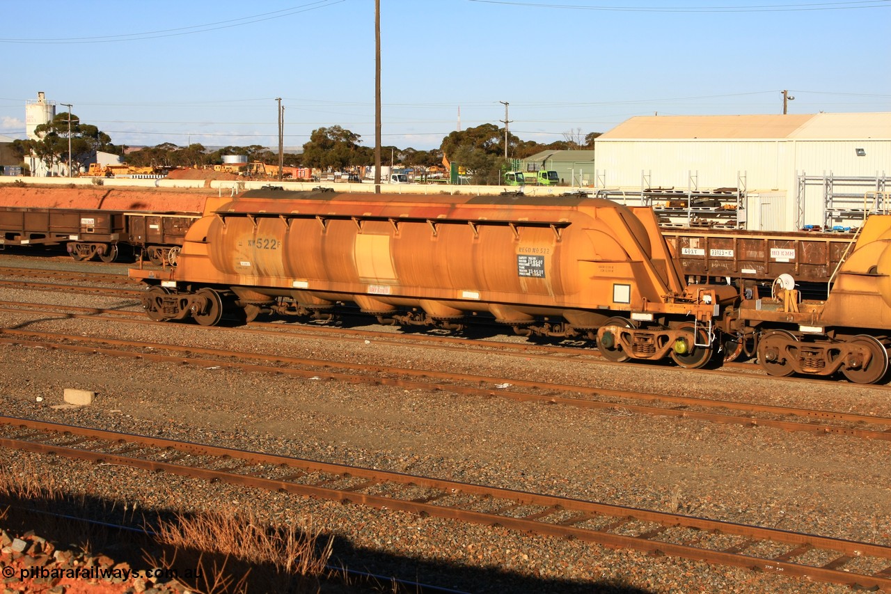 100601 8492
West Kalgoorlie, WN 522, pneumatic discharge nickel concentrate waggon, one of thirty units built by AE Goodwin NSW as WN type in 1970 for WMC.
Keywords: WN-type;WN522;AE-Goodwin;