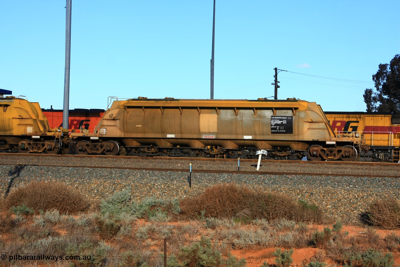 100601 8494
West Kalgoorlie, WN 516, pneumatic discharge nickel concentrate waggon, one of thirty units built by AE Goodwin NSW as WN type in 1970 for WMC.
Keywords: WN-type;WN516;AE-Goodwin;
