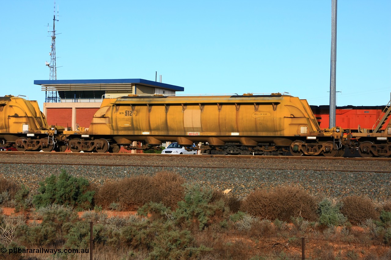 100601 8496
West Kalgoorlie, WN 512, pneumatic discharge nickel concentrate waggon, one of thirty units built by AE Goodwin NSW as WN type in 1970 for WMC.
Keywords: WN-type;WN512;AE-Goodwin;