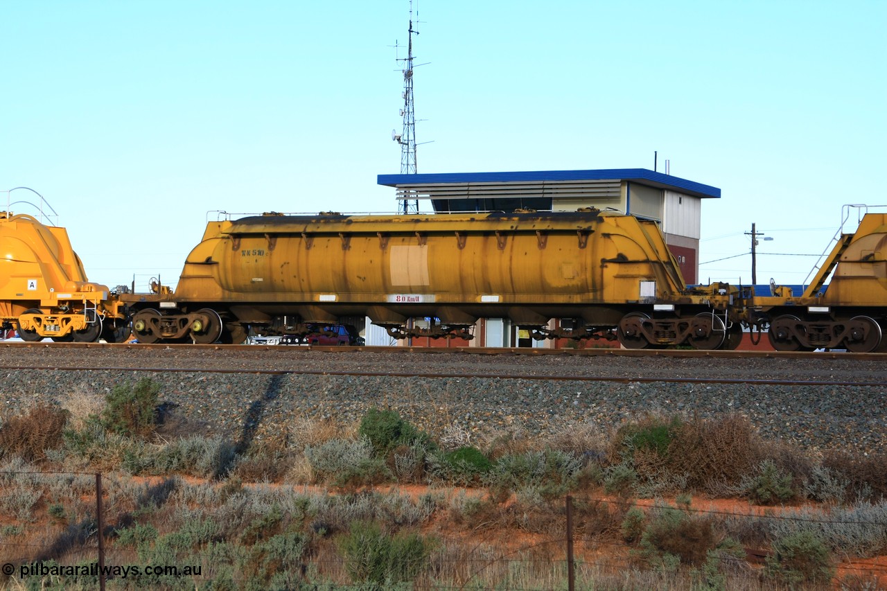 100601 8497
West Kalgoorlie, WN 510, pneumatic discharge nickel concentrate waggon, one of thirty units built by AE Goodwin NSW as WN type in 1970 for WMC.
Keywords: WN-type;WN510;AE-Goodwin;