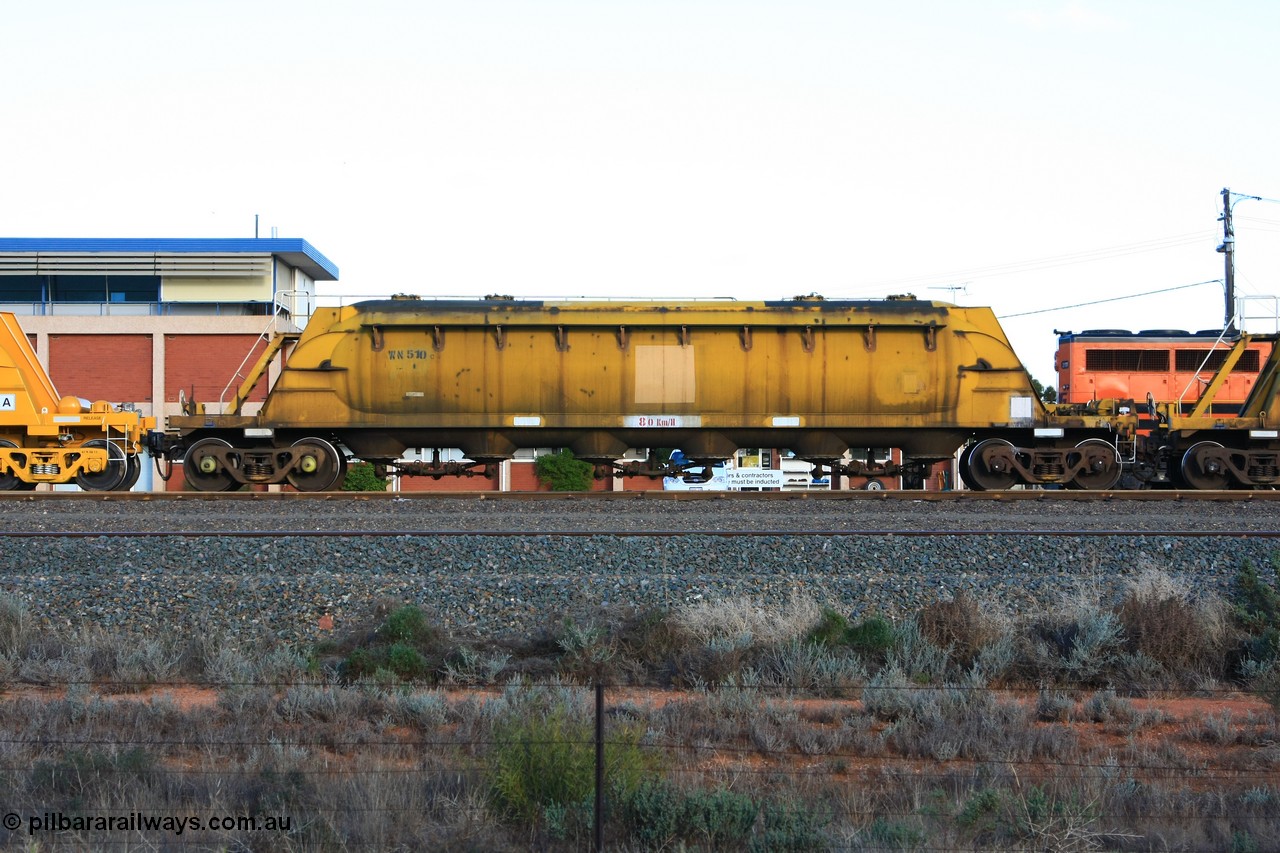 100601 8499
West Kalgoorlie, WN 510, pneumatic discharge nickel concentrate waggon, one of thirty units built by AE Goodwin NSW as WN type in 1970 for WMC.
Keywords: WN-type;WN510;AE-Goodwin;