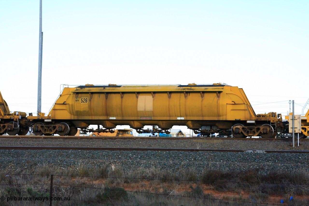 100601 8500
West Kalgoorlie, WN 526, pneumatic discharge nickel concentrate waggon, one of thirty units built by AE Goodwin NSW as WN type in 1970 for WMC.
Keywords: WN-type;WN526;AE-Goodwin;