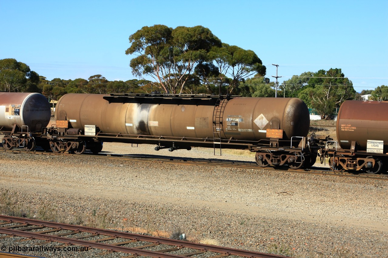 100602 8595
West Kalgoorlie, ATPY 585 fuel tank waggon built by WAGR Midland Workshops in 1976 with 586 for Mobil and coded WJP type, recoded to WJPY, sold to BP Oil in 1985, 80,000 litres one compartment one dome.
Keywords: ATPY-type;ATPY585;WAGR-Midland-WS;WJP-type;WJPY-type;