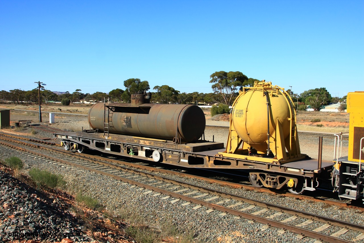 100602 8632
West Kalgoorlie, AZWY 30373 'Sputnik' loco oil and sand waggon, originally built as an WFX type flat waggon by Tomlinson Steel in a batch of one hundred and sixty one in 1969-70. Recoded to WQCX type in 1980 and to WSP type waste oil and sand waggon in 1986.
Keywords: AZWY-type;AZWY30373;Tomlinson-Steel-WA;WFX-type;WQCX-type;WSP-type;