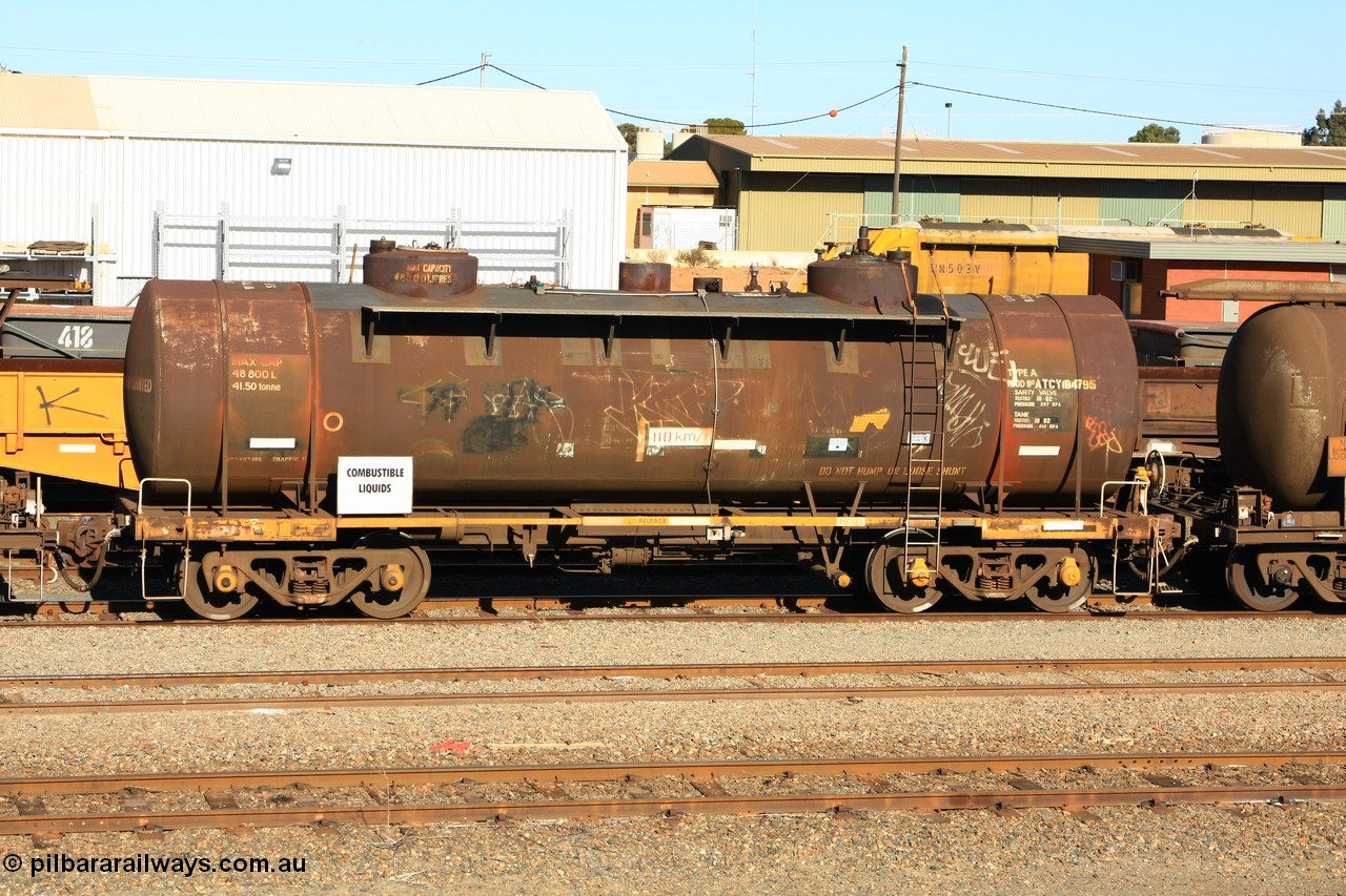 100602 8670
West Kalgoorlie, diesel fuel tanker ATCY 8479 built by Perry Engineering SA for Shell for use by South Australian Railways on broad gauge as Ts type, recoded to ATSL, original capacity of 48800 litres, current diesel capacity it 45000 litres.
Keywords: ATCY-type;ATCY8479;Perry-Engineering-SA;Ts-type;ATSL-type;