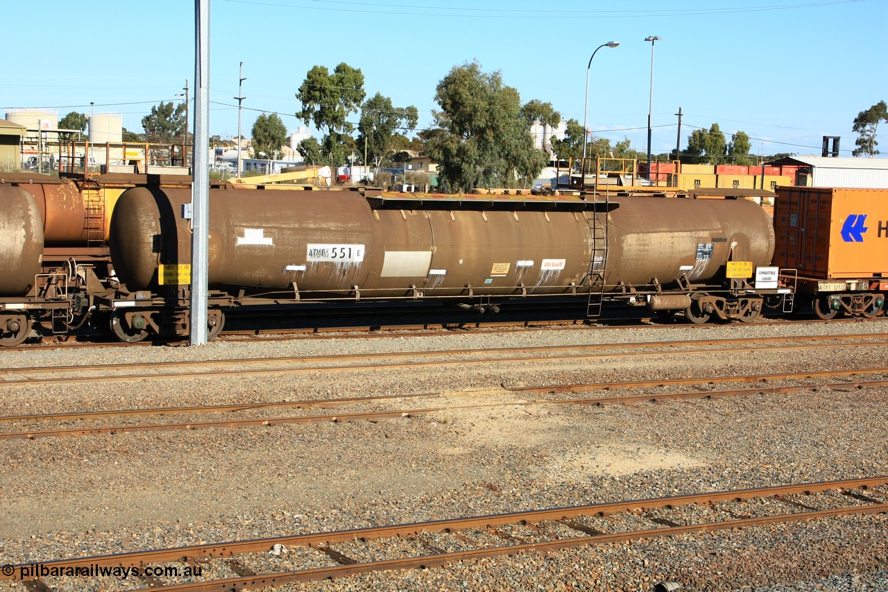 100602 8675
West Kalgoorlie, ATMF 551 fuel tank waggon, one of three built by Tulloch Limited NSW as WJM type in 1971 with a capacity of 96.25 kL one compartment one dome, current capacity of 80500 litres. 551 and 552 for Shell and 553 for BP Oil.
Keywords: ATMF-type;ATMF551;Tulloch-Ltd-NSW;WJM-type;