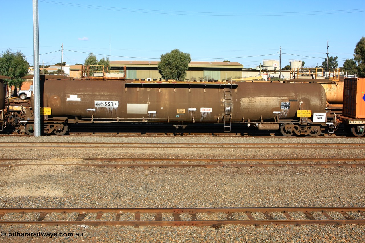 100602 8677
West Kalgoorlie, ATMF 551 fuel tank waggon, one of three built by Tulloch Limited NSW as WJM type in 1971 with a capacity of 96.25 kL one compartment one dome, current capacity of 80500 litres. 551 and 552 for Shell and 553 for BP Oil.
Keywords: ATMF-type;ATMF551;Tulloch-Ltd-NSW;WJM-type;