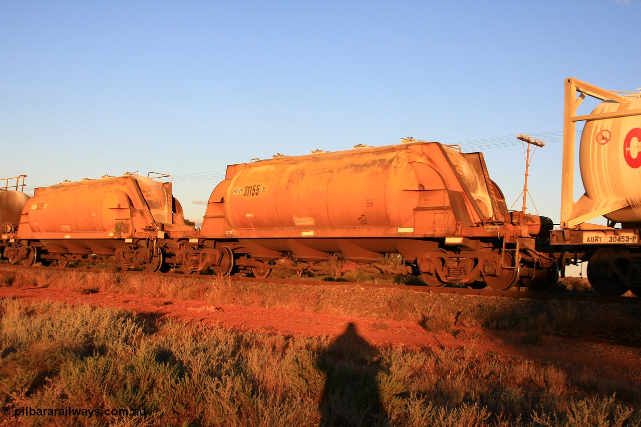 100602 8785
Parkeston, APNY 31155 one of twelve units built by WAGR Midland Workshops in 1974 as WNA type pneumatic discharge nickel concentrate waggon, WAGR built and owned copies of the AE Goodwin built WN waggons for WMC. 
Keywords: APNY-type;APNY31155;WAGR-Midland-WS;WNA-type;