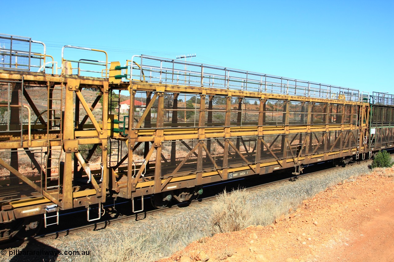 100603 8831
Parkeston, RMWY 34024 triple deck car carrying waggon, built by Comeng NSW in 1975 within the third batch of ten WMX type double deck car carrying waggons, re-coded to WMFX in 1979, converted to triple deck WMGF in 1989 then under National Rail leasing they became RMWY type.
Keywords: RMWY-type;RMWY34024;WAGR-Midland-WS;WMX-type;WMFX-type;WMGF-type;