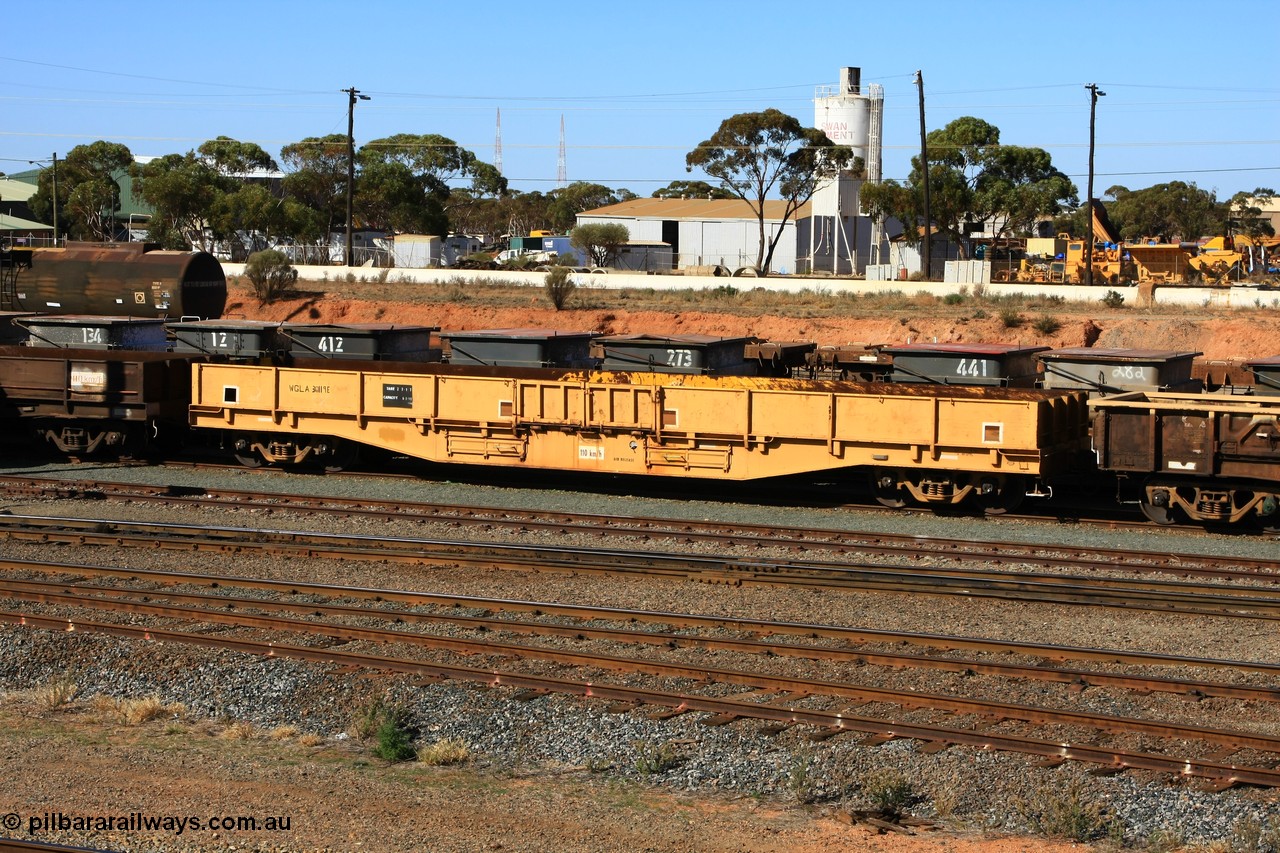 100603 8853
West Kalgoorlie, WGLA 30119 originally built by WAGR Midland Workshops in 1966 as the final WF type bogie flat waggon of 119 in total, converted to WSA breakdown flat waggon in 1967, to WFW in 1974, then converted to bagged nickel matte traffic WGLA type in 1985.
Keywords: WGLA-type;WGLA30119;Westrail-Midland-WS;WF-type;WSA-type;