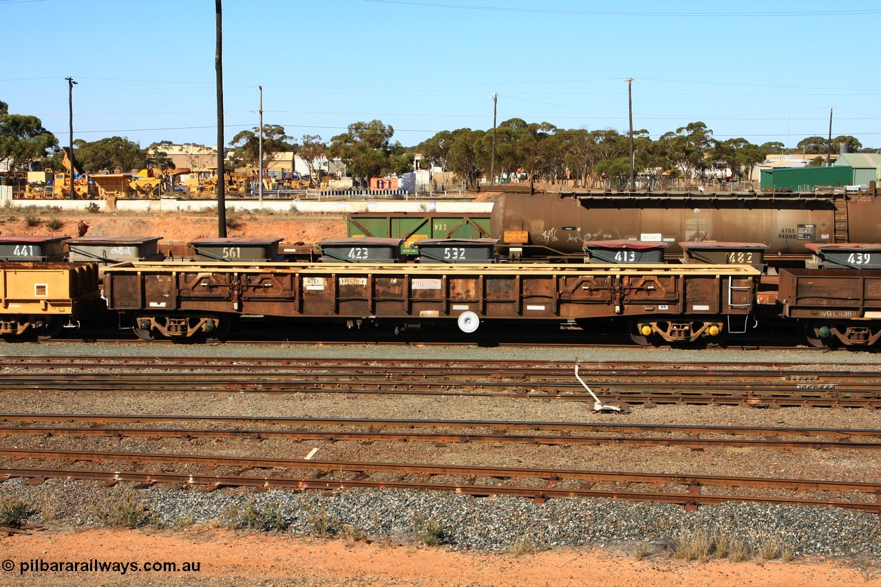 100603 8854
West Kalgoorlie, AOXY 33067, converted to carry nickel matte bulk bags, in WGL traffic. Built by WAGR Midland Workshops in 1969 as part of a batch of one hundred WG type open waggons, reclassed as a group in 1969 to WGX, to WGS for superphosphate traffic then in 1980, in 1988 to WODX, then AOAY type.
Keywords: AOXY-type;AOXY33067;WAGR-Midland-WS;WGX-type;WGS-type;WOAX-type;WODX-type;