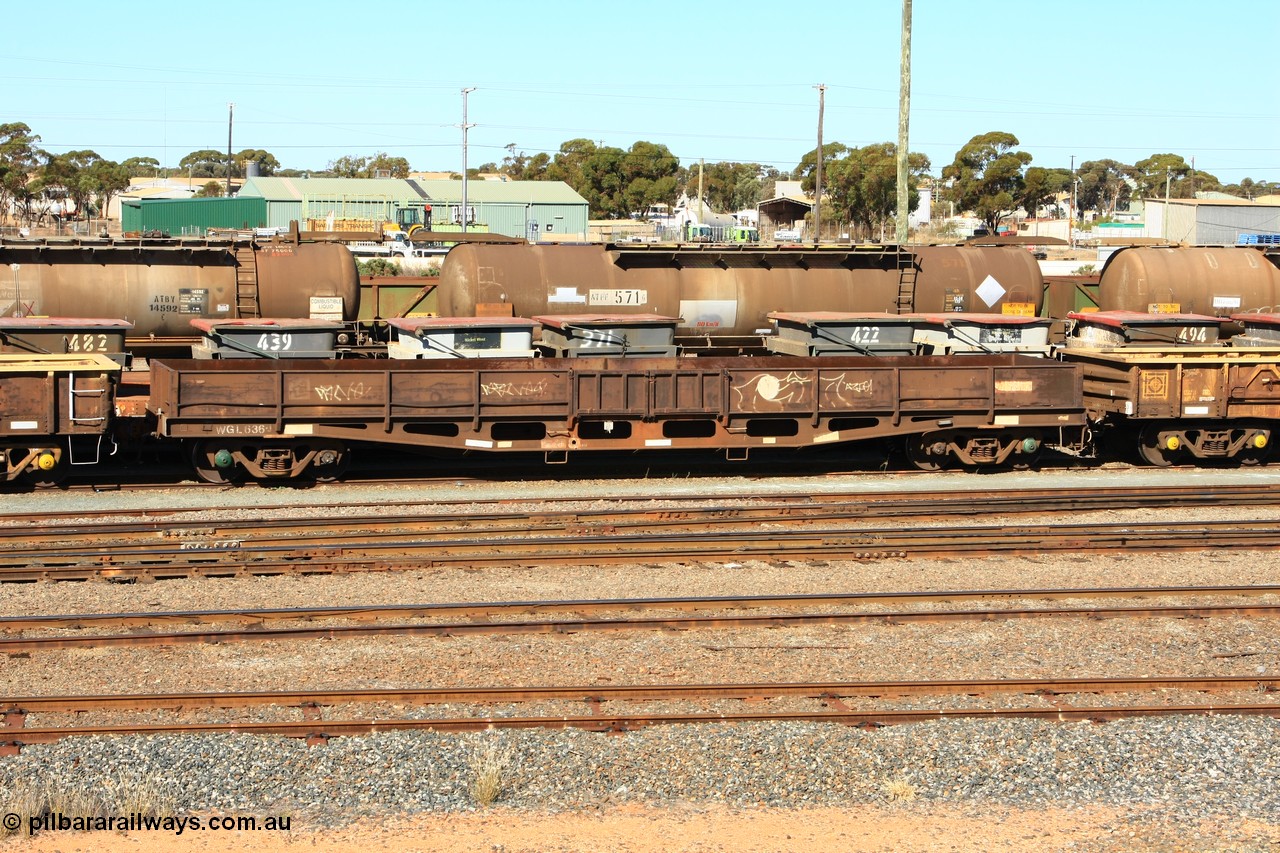 100603 8855
West Kalgoorlie, WGL 636 originally one of ten units built by Westrail Midland Workshops in 1976 as WFN type bogie flat waggon for Western Mining Corporation for nickel matte kibble traffic as WFN 608 and converted to WGL for bagged nickel matte in 1979.
Keywords: WGL-type;WGL636;Westrail-Midland-WS;WFN-type;