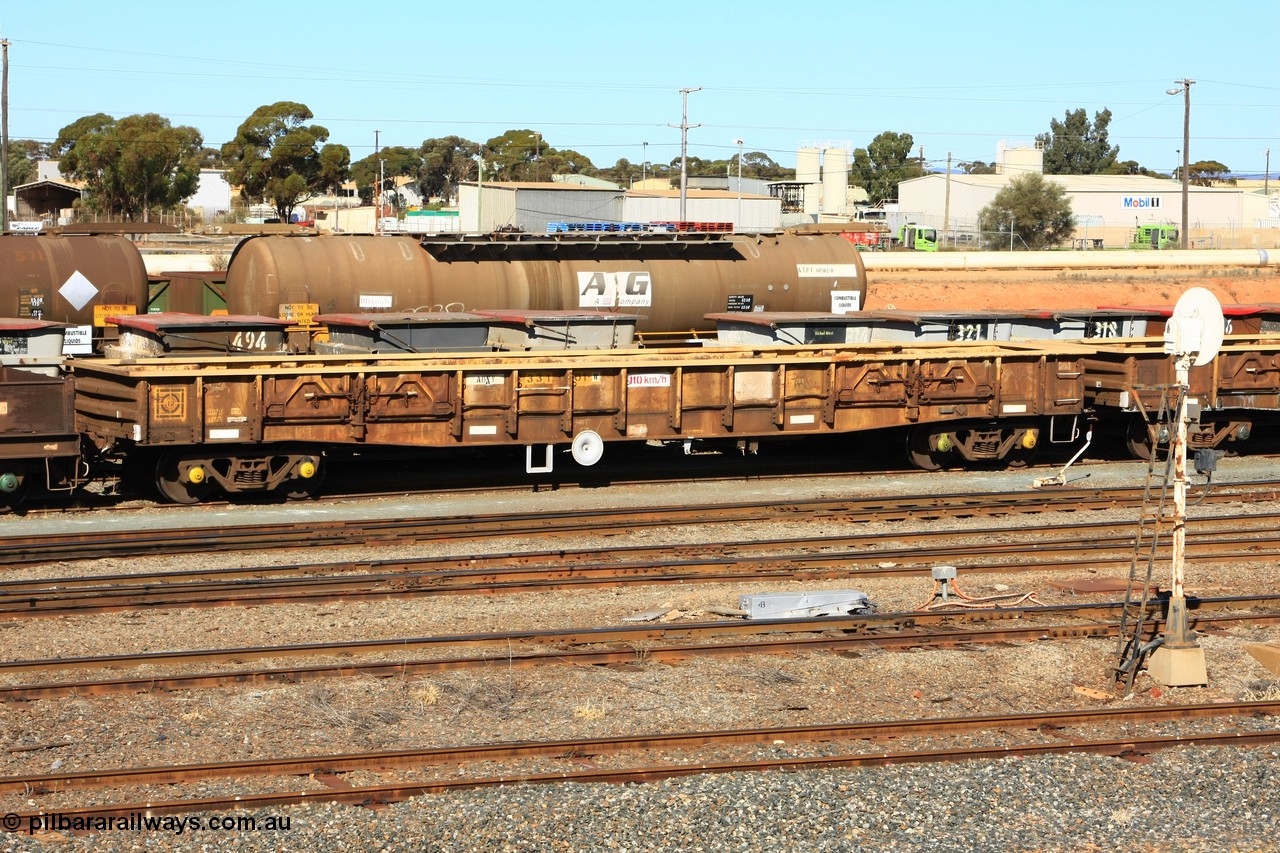 100603 8856
West Kalgoorlie, AOXY 33101, converted to carry nickel matte bulk bags, in WGL traffic. Built by WAGR Midland Workshops in 1969 as the type leader of a batch of fifty eight WGX type open waggons without end doors, in 1981 to WOAX, then AOAY type.
Keywords: AOXY-type;AOXY33101;WAGR-Midland-WS;WGX-type;WOAX-type;