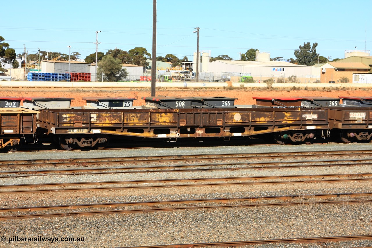 100603 8858
West Kalgoorlie, WGL 639 originally one of ten units built by Westrail Midland Workshops in 1975-76 as WFN type bogie flat waggon for Western Mining Corporation for nickel matte kibble traffic as WFN 603 and converted to WGL for bagged nickel matte in 1984.
Keywords: WGL-type;WGL639;Westrail-Midland-WS;WFN-type;
