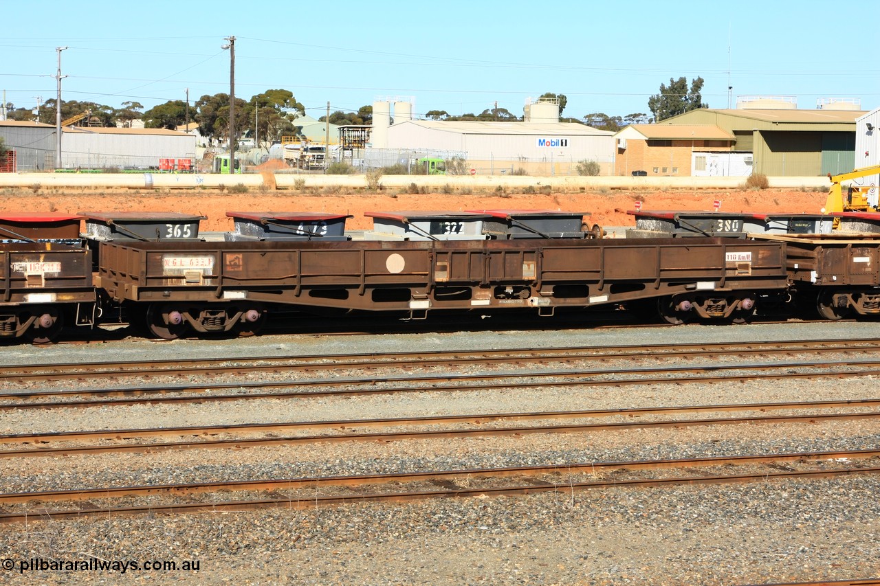 100603 8859
West Kalgoorlie, WGL 633 originally one of three units built by Westrail Midland Workshops in 1976-77 as WGL type bogie flat waggon for Western Mining Corporation for bagged nickel matte traffic.
Keywords: WGL-type;WGL633;Westrail-Midland-WS;