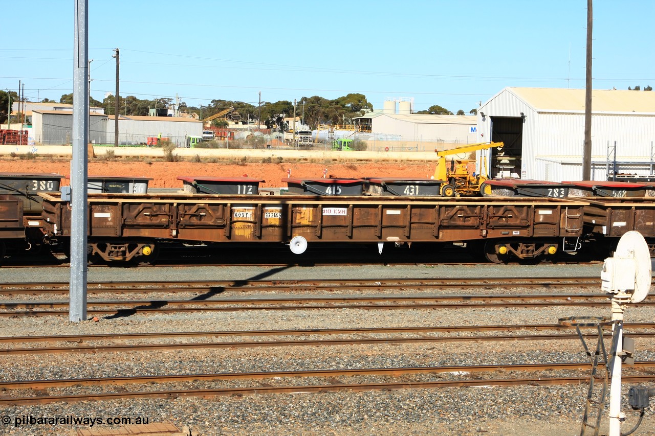 100603 8860
West Kalgoorlie, AOXY 33214, converted to carry nickel matte bulk bags, in WGL traffic. Built by WAGR Midland Workshops in 1973 as part of a batch of twenty five WGX type open waggons, in 1981 to WOAX, then AOAY type.
Keywords: AOXY-type;AOXY33214;WAGR-Midland-WS;WGX-type;WOAX-type;