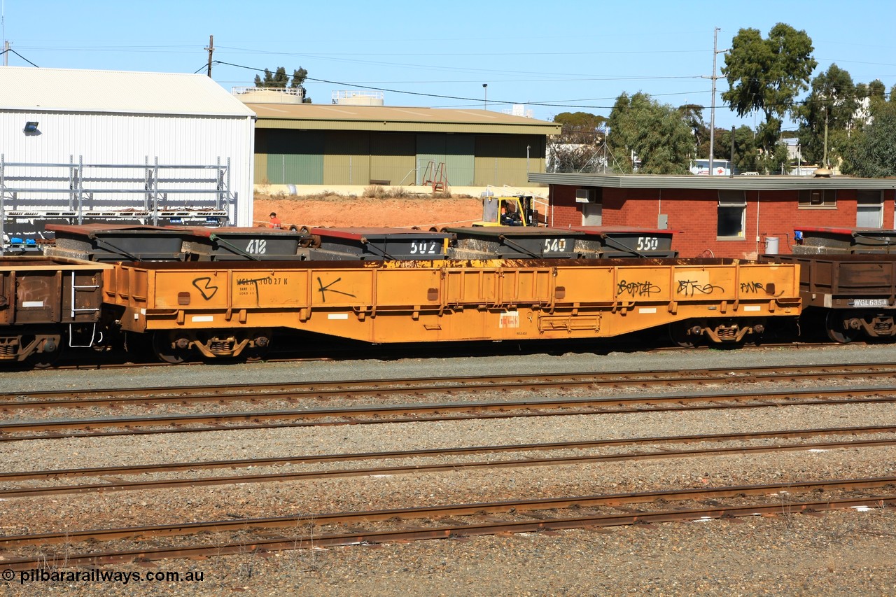 100603 8862
West Kalgoorlie, WGLA 30027 originally built by WAGR Midland Workshops in 1965 as WF type bogie flat waggon, to WFW in 1974, then converted to bagged nickel matte traffic WGLA type in 1984.
Keywords: WGLA-type;WGLA30027;Westrail-Midland-WS;WF-type;WFW-type;WFDY-type;