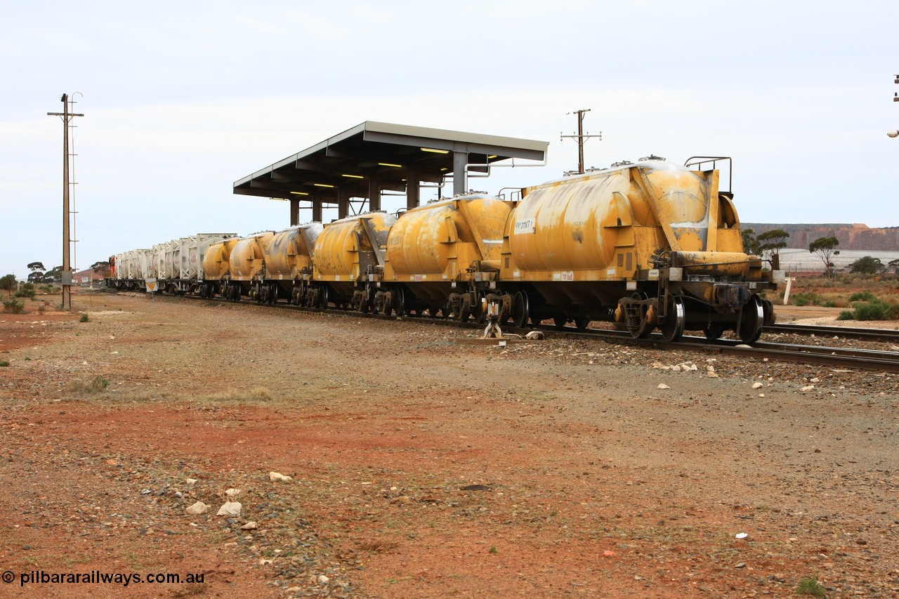100605 9111
Parkeston, APNY waggons on the rear of C73 trip train about to reverse into Cockburn Lime works sidings. Built by WAGR Midland Workshops in 1974-80 as WNA type pneumatic discharge nickel concentrate waggon, WAGR built and owned copies of the AE Goodwin built WN waggons for WMC. 
Keywords: APNY-type;Westrail-Midland-WS;WNA-type;