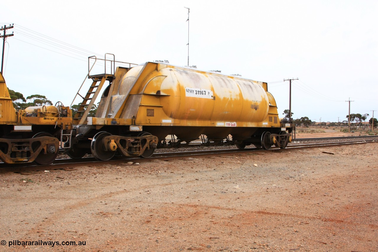 100605 9112
Parkeston, APNY 31167, one of two built by Westrail Midland Workshops in 1979 as WNA type pneumatic discharge nickel concentrate waggon, WAGR built and owned copies of the AE Goodwin built WN waggons for WMC.
Keywords: APNY-type;APNY31167;Westrail-Midland-WS;WNA-type;