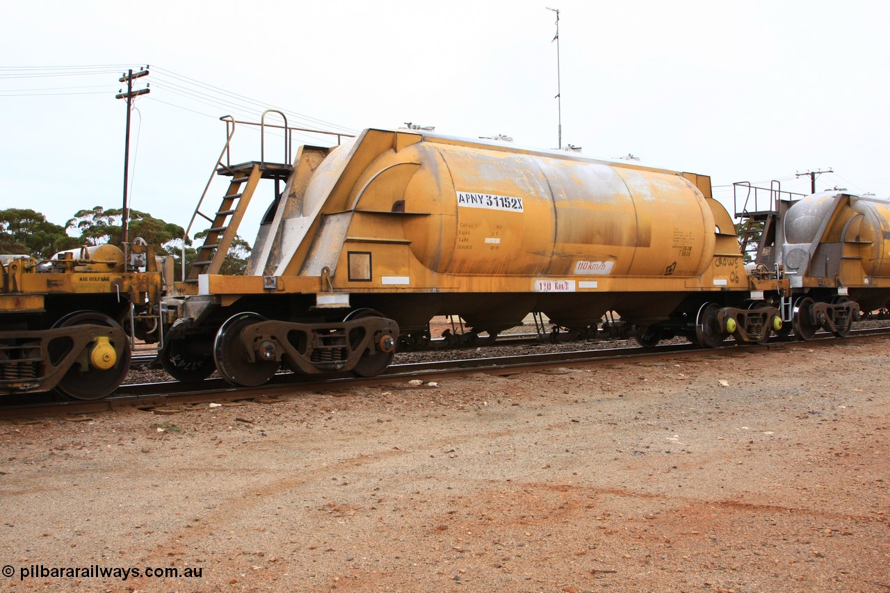 100605 9116
Parkeston, APNY 31152, one of twelve built by WAGR Midland Workshops in 1974 as WNA type pneumatic discharge nickel concentrate waggon, WAGR built and owned copies of the AE Goodwin built WN waggons for WMC. 
Keywords: APNY-type;APNY31152;WAGR-Midland-WS;WNA-type;