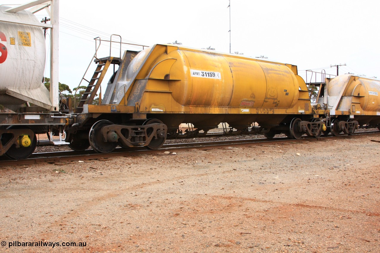100605 9117
Parkeston, APNY 31159, one of twelve built by WAGR Midland Workshops in 1974 as WNA type pneumatic discharge nickel concentrate waggon, WAGR built and owned copies of the AE Goodwin built WN waggons for WMC. 
Keywords: APNY-type;APNY31159;WAGR-Midland-WS;WNA-type;