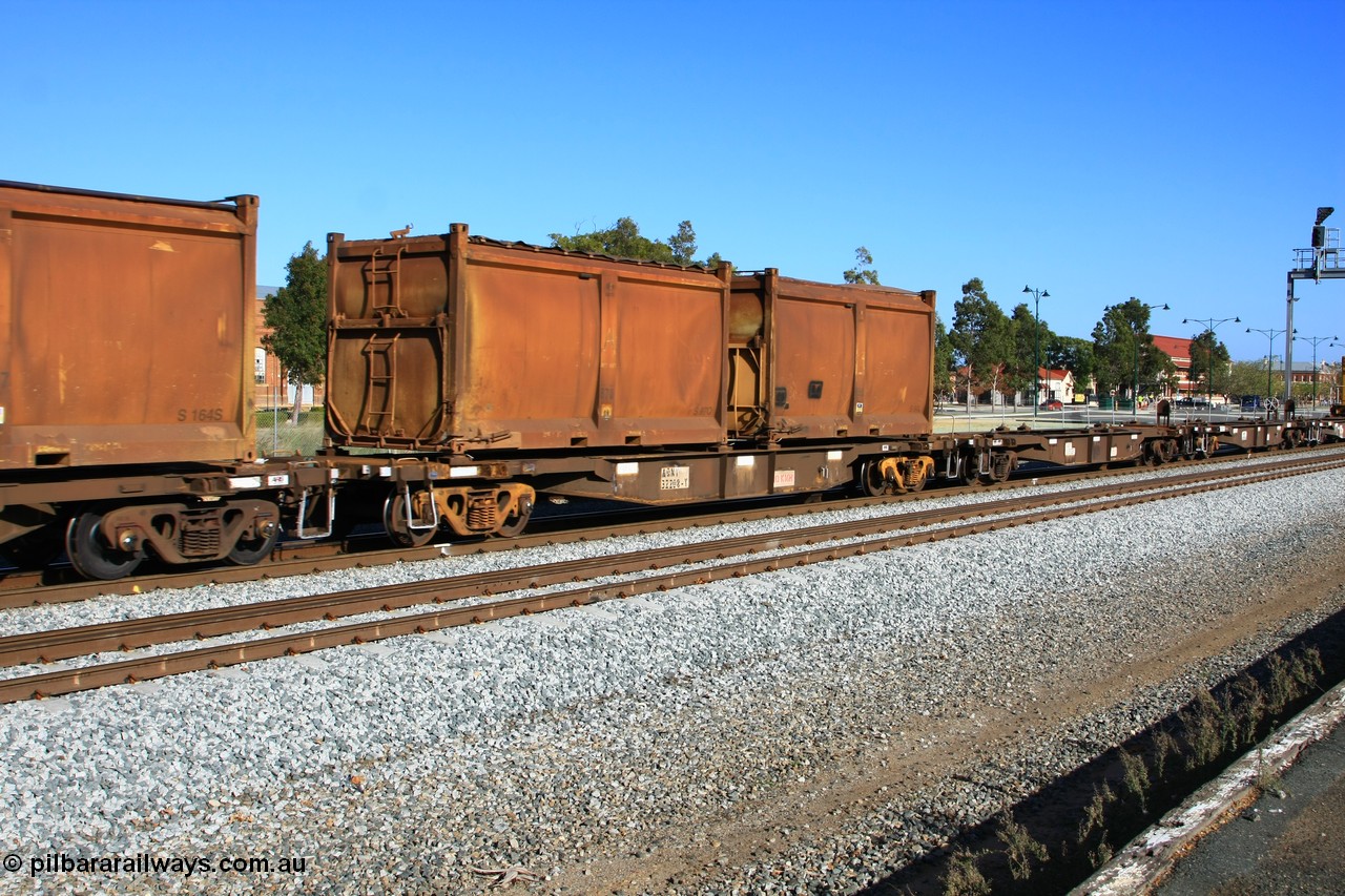 100608 9709
Midland, AQNY 32208, one of sixty two waggons built by Goninan WA in 1998 as WQN type for Murrin Murrin container traffic, with sulphur skips S97Q with original style door and sliding tarpaulin, and S64L with replacement door and roll top tarpaulin on train 2430 empty Malcolm freighter.
Keywords: AQNY-type;AQNY32208;Goninan-WA;WQN-type;