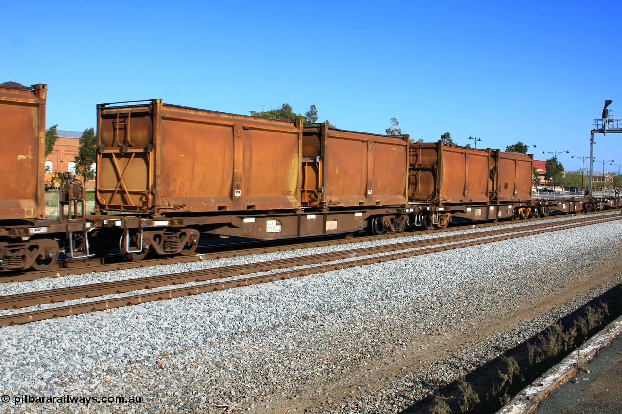 100608 9710
Midland, AQNY 32160, one of sixty two waggons built by Goninan WA in 1998 as WQN type for Murrin Murrin container traffic, with sulphur skips S35T and S164S, both with replacement doors and roll top tarpaulins on train 2430 empty Malcolm freighter.
Keywords: AQNY-type;AQNY32160;Goninan-WA;WQN-type;