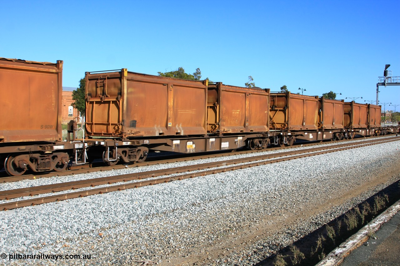 100608 9711
Midland, AQNY 32181, one of sixty two waggons built by Goninan WA in 1998 as WQN type for Murrin Murrin container traffic, with sulphur skips S25L and S82J, both with replacement doors and roll top tarpaulins, on train 2430 empty Malcolm freighter.
Keywords: AQNY-type;AQNY32181;Goninan-WA;WQN-type;