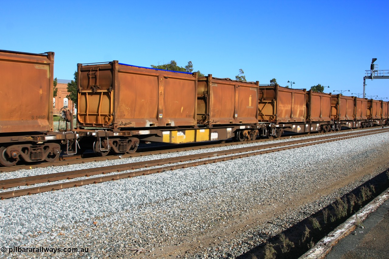 100608 9713
Midland, AQNY 32205, one of sixty two waggons built by Goninan WA in 1998 as WQN type for Murrin Murrin container traffic, with sulphur skips S196Y with replacement lower door and blue roll top tarpaulin, and S170N with original door and sliding tarpaulin on train 2430 empty Malcolm freighter.
Keywords: AQNY-type;AQNY32205;Goninan-WA;WQN-type;