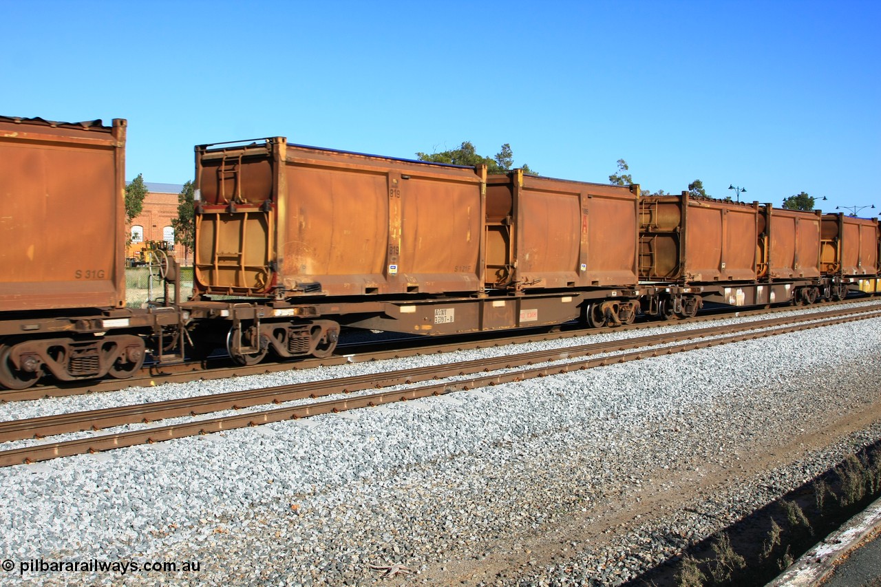 100608 9715
Midland, AQNY 32197, one of sixty two waggons built by Goninan WA in 1998 as WQN type for Murrin Murrin container traffic, with sulphur skips S121F and S145L both with replacement doors and blue tarpaulin roll tops, on train 2430 empty Malcolm freighter.
Keywords: AQNY-type;AQNY32197;Goninan-WA;WQN-type;
