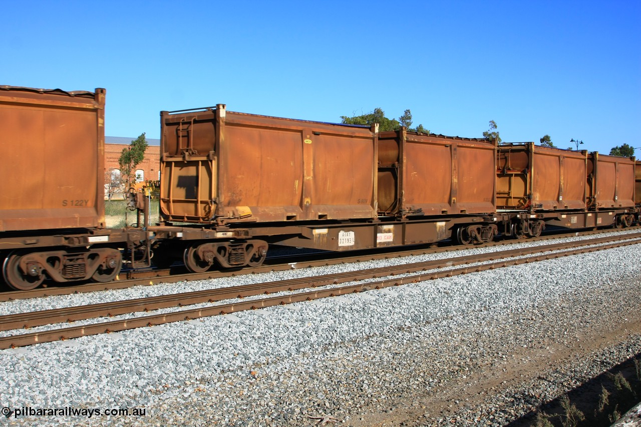 100608 9716
Midland, AQNY 32193, one of sixty two waggons built by Goninan WA in 1998 as WQN type for Murrin Murrin container traffic, with sulphur skips S60V with replacement door and blue roll top tarpaulin, and S31G with original door and sliding tarpaulin, on train 2430 empty Malcolm freighter.
Keywords: AQNY-type;AQNY32193;Goninan-WA;WQN-type;