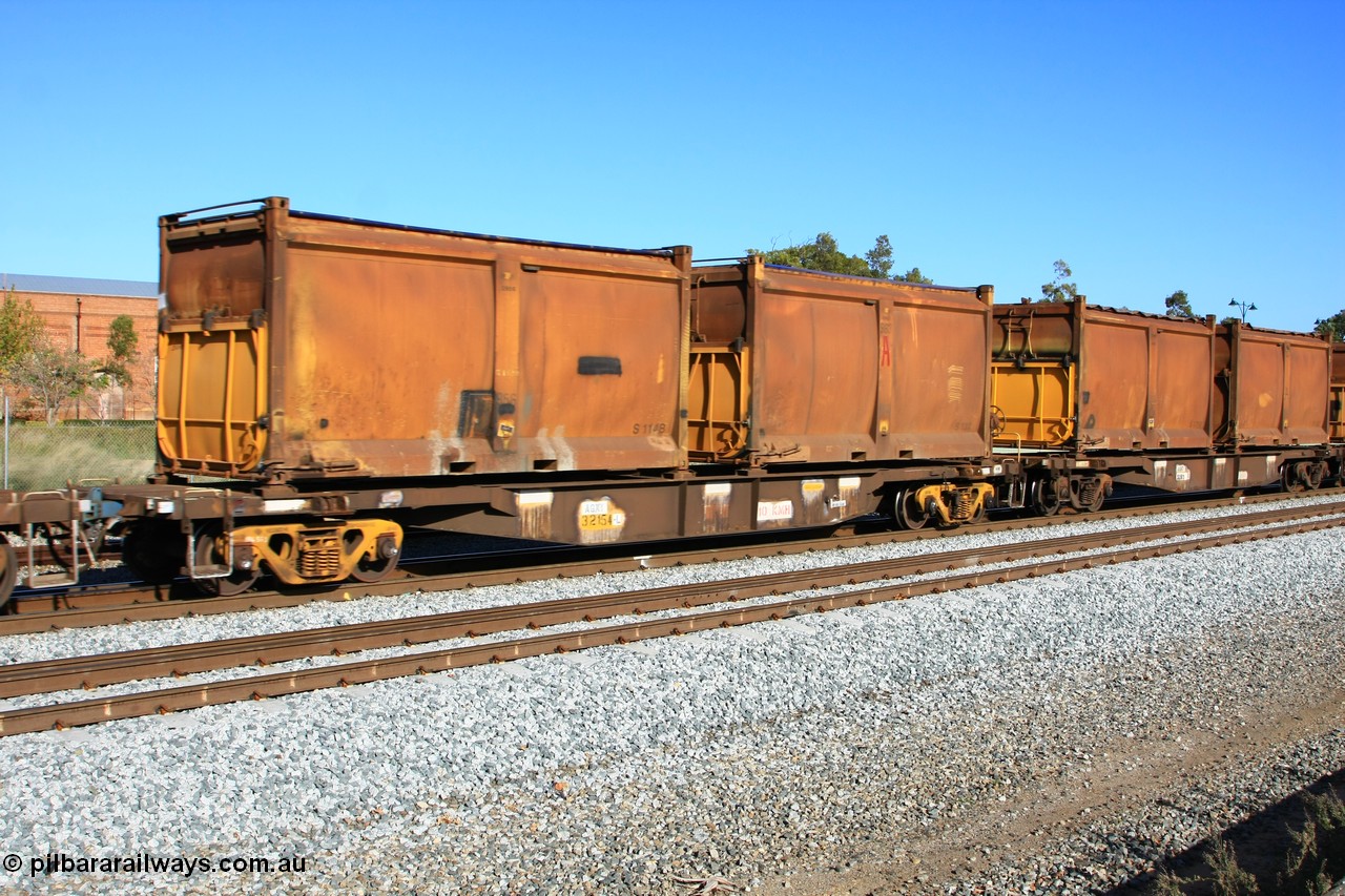 100608 9718
Midland, AQNY 32154, one of sixty two waggons built by Goninan WA in 1998 as WQN type for Murrin Murrin container traffic, with sulphur skips S114B and S13X, both with replacement doors and blue roll top tarpaulins, on train 2430 empty Malcolm freighter.
Keywords: AQNY-type;AQNY32154;Goninan-WA;WQN-type;