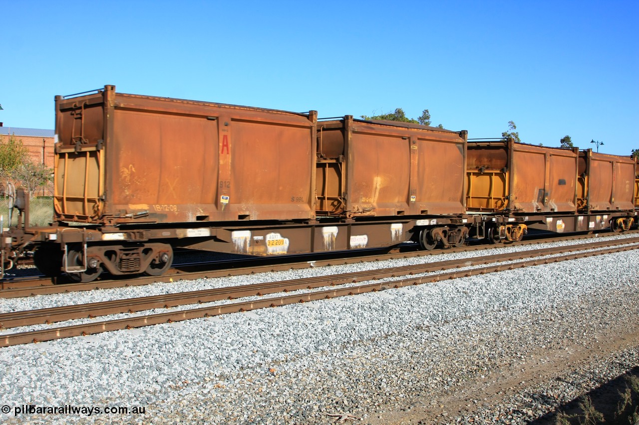 100608 9719
Midland, AQNY 32209, one of sixty two waggons built by Goninan WA in 1998 as WQN type for Murrin Murrin container traffic, with sulphur skips S99L and S141V both with replacement doors and roll top tarpaulins, on train 2430 empty Malcolm freighter.
Keywords: AQNY-type;AQNY32209;Goninan-WA;WQN-type;