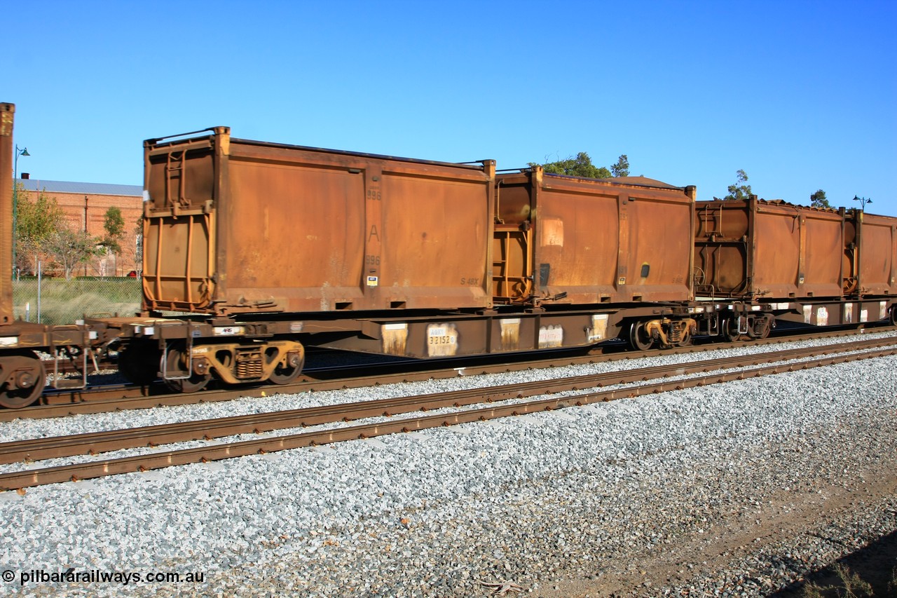 100608 9723
Midland, AQNY 32152, second of sixty two waggons built by Goninan WA in 1998 as WQN type for Murrin Murrin container traffic, with sulphur skips S48X and S84E both with replacement doors and roll top tarpaulins on train 2430 empty Malcolm freighter.
Keywords: AQNY-type;AQNY32152;Goninan-WA;WQN-type;