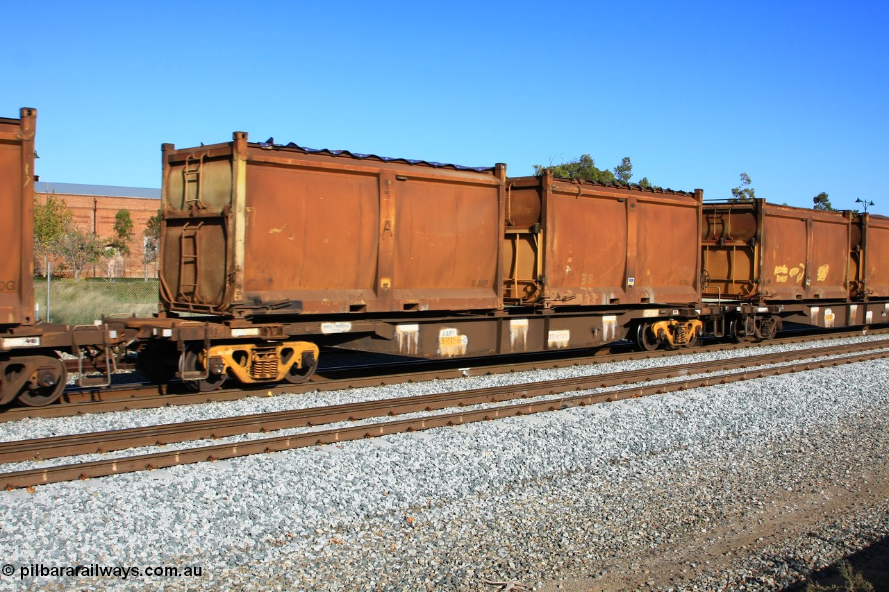 100608 9727
Midland, AQNY 32156, one of sixty two waggons built by Goninan WA in 1998 as WQN type for Murrin Murrin container traffic, with sulphur skips S36F all original and S39J with replacement door but original sliding tarpaulin on train 2430 empty Malcolm freighter.
Keywords: AQNY-type;AQNY32156;Goninan-WA;WQN-type;
