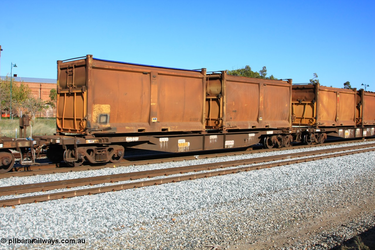 100608 9729
Midland, AQNY 32200, one of sixty two waggons built by Goninan WA in 1998 as WQN type for Murrin Murrin container traffic, with sulphur skips S156F and S117F both with replacement doors and roll top tarpaulins on train 2430 empty Malcolm freighter.
Keywords: AQNY-type;AQNY32200;Goninan-WA;WQN-type;