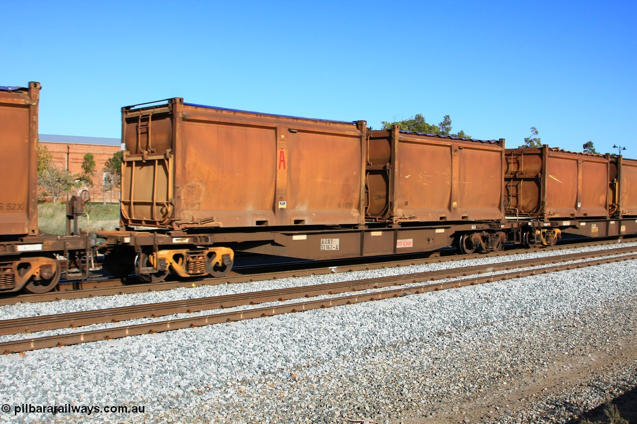 100608 9732
Midland, AQNY 32167, one of sixty two waggons built by Goninan WA in 1998 as WQN type for Murrin Murrin container traffic, with sulphur skips S153B with replacement door and roll top tarpaulin and S140M in original condition on train 2430 empty Malcolm freighter.
Keywords: AQNY-type;AQNY32167;Goninan-WA;WQN-type;