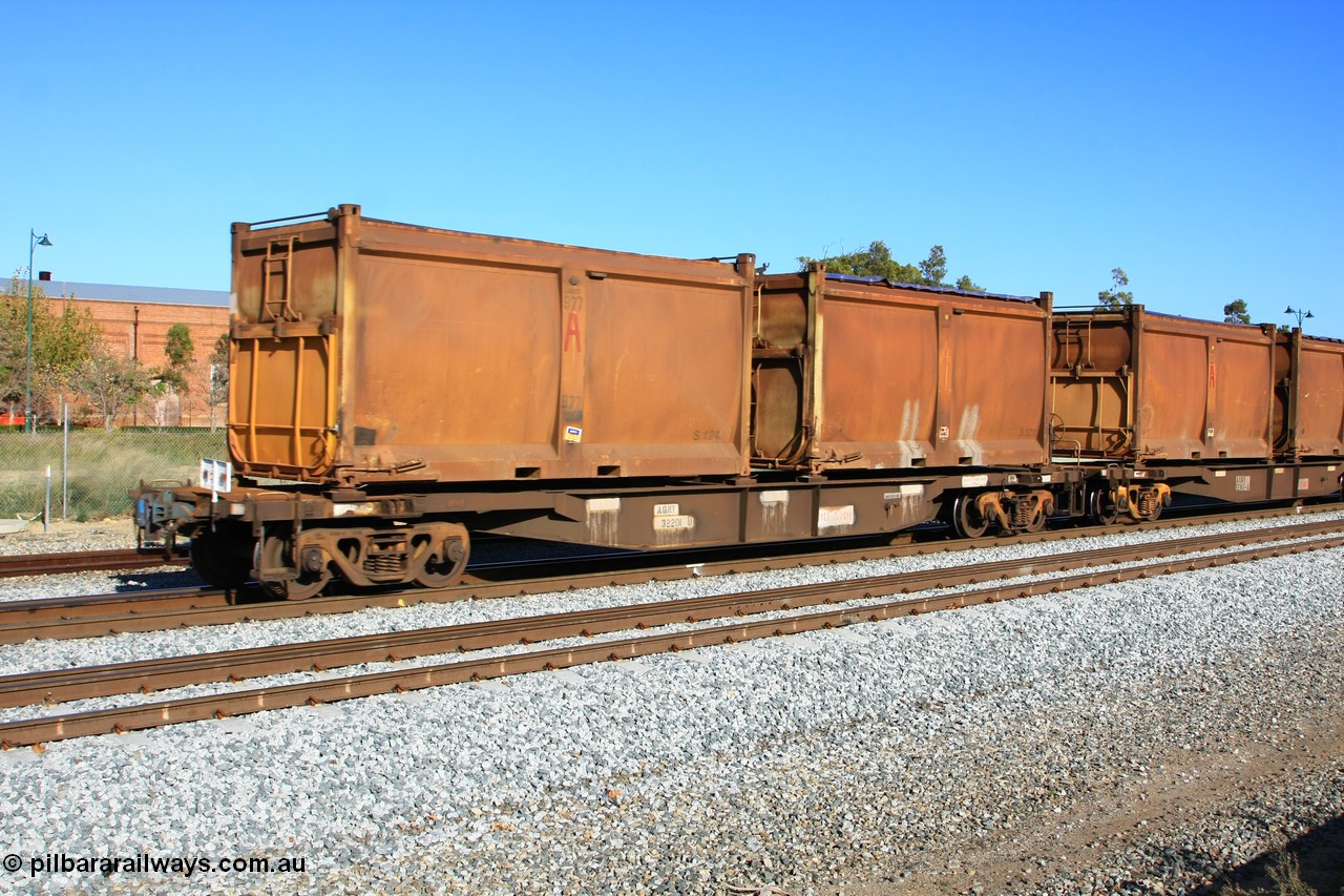 100608 9733
Midland, AQNY 32201, one of sixty two waggons built by Goninan WA in 1998 as WQN type for Murrin Murrin container traffic, with sulphur skips S124J with replacement door and roll top tarpaulin and S52X with original door and original sliding tarpaulin on train 2430 empty Malcolm freighter.
Keywords: AQNY-type;AQNY32201;Goninan-WA;WQN-type;