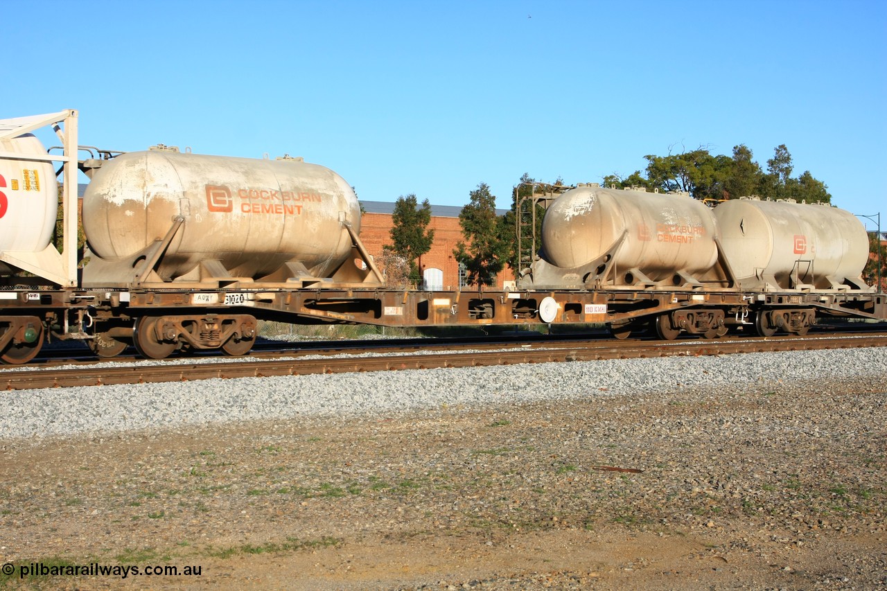100609 09954
Midland, AQWY 31020 container waggon, one of thirty five built by Centrecon Ltd WA in 1981 as WFA type, recoded in 1987 to WQCY, then RHQY in 1994 and back to WQCY in 1996, then to AQCY. 
Keywords: AQWY-type;AQWY31020;Centrecon-Ltd-WA;WFA-type;WQCY-type;RHQY-type;RQCY-type;