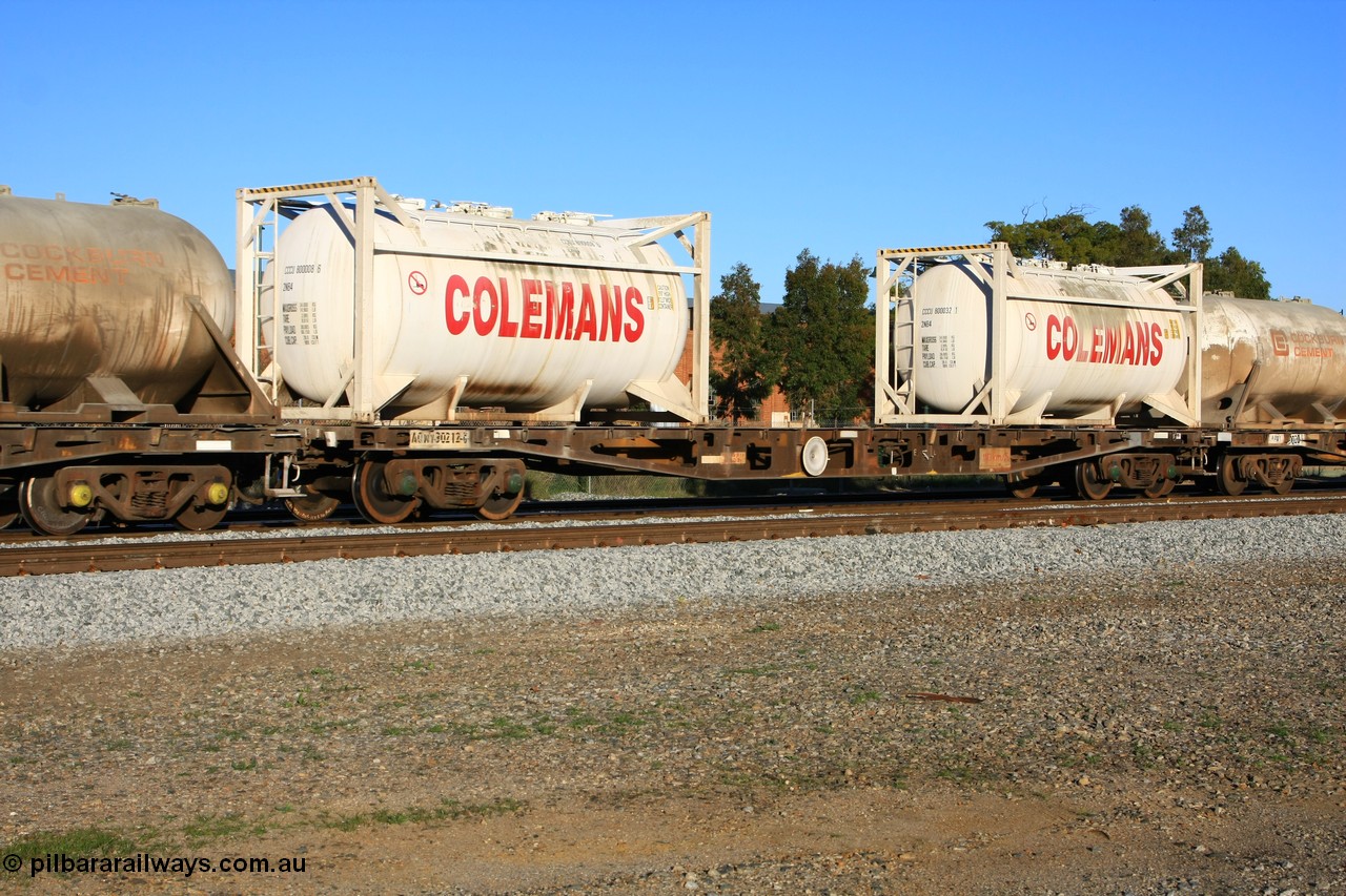 100609 09955
Midland, AQWY 30212 container waggon, originally one of forty five built by WAGR Midland Workshops in 1974 as WFX type, to WQCX in 1981 then AQCY. Loaded with two empty Colemans' 20' 2NB4 cement tanktainers CCCU 800008 and CCCU 800032.
Keywords: AQWY-type;AQWY30212;WAGR-Midland-WS;WFX-type;WQCX-type;AQCY-type;