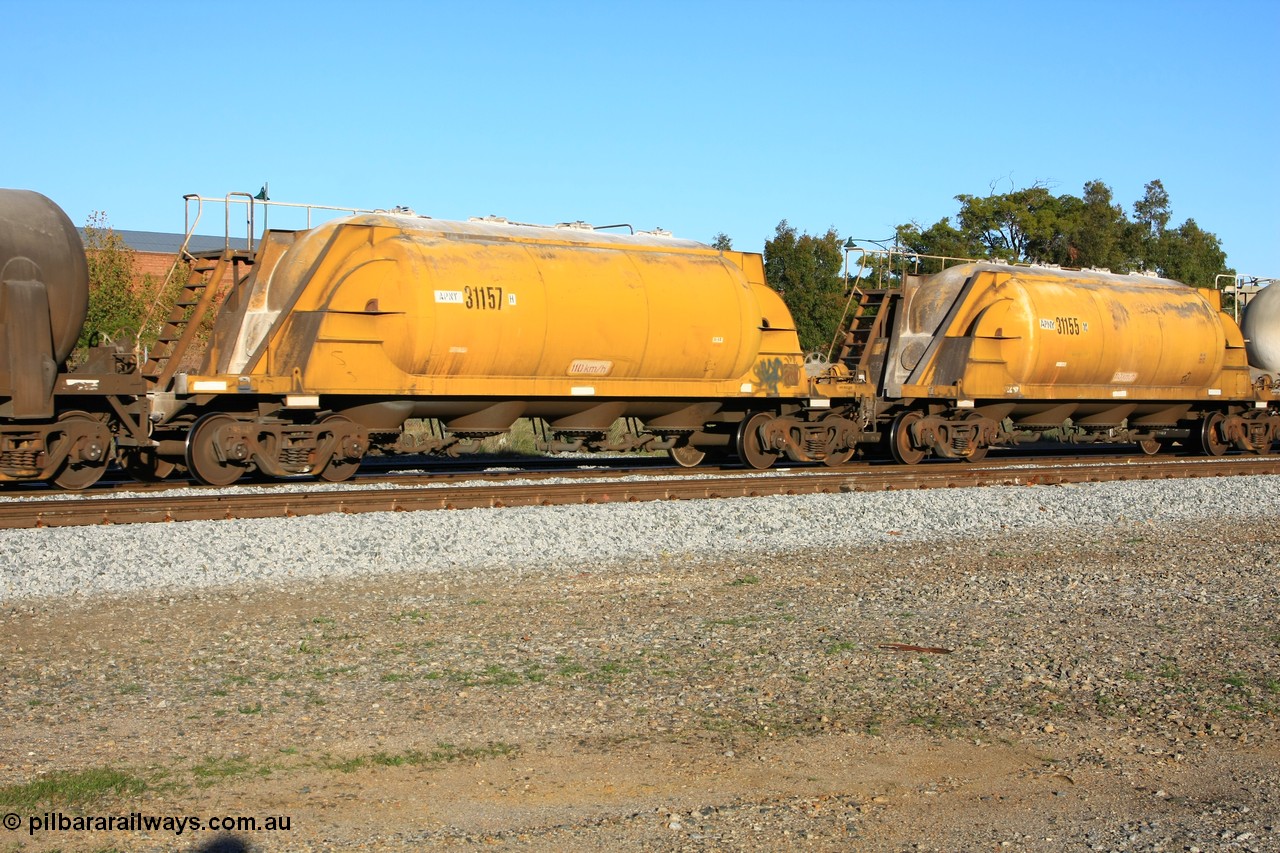 100609 09958
Midland, APNY 31157 one of twelve built by WAGR Midland Workshops in 1974 as WNA type pneumatic discharge nickel concentrate waggon, WAGR built and owned copies of the AE Goodwin built WN waggons for WMC. 
Keywords: APNY-type;APNY31157;WAGR-Midland-WS;WNA-type;