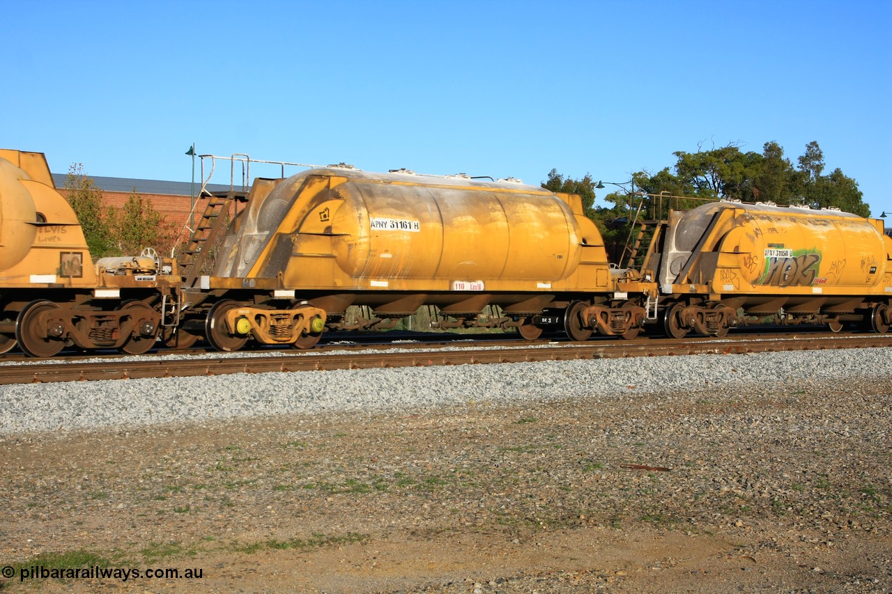 100609 09961
Midland, APNY 31161 one of twelve built by WAGR Midland Workshops in 1974 as WNA type pneumatic discharge nickel concentrate waggon, WAGR built and owned copies of the AE Goodwin built WN waggons for WMC. 
Keywords: APNY-type;APNY31161;WAGR-Midland-WS;WNA-type;