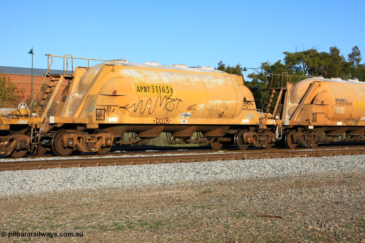 100609 09964
Midland, APNY 31165 one of four built by Westrail Midland Workshops in 1978 as WNA type pneumatic discharge nickel concentrate waggon, WAGR built and owned copies of the AE Goodwin built WN waggons for WMC.
Keywords: APNY-type;APNY31165;Westrail-Midland-WS;WNA-type;