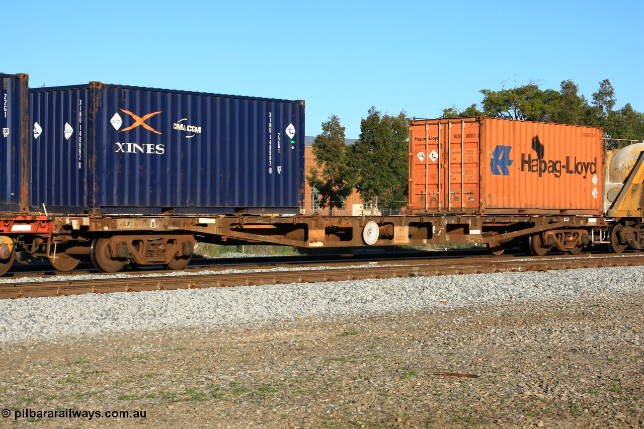 100609 09966
Midland, AQWY 30366 container waggon, originally one of one hundred and sixty one built by Tomlinson Steel in 1970 as WFX type, to WQCX in 1980. Loaded with two 20' 22G1 type containers loaded with lead, Xines XINU 148992 and Hapag-Lloyd HLXU 207013.
Keywords: AQWY-type;AQWY30366;Tomlinson-Steel-WA;WFX-type;WQCX-type;