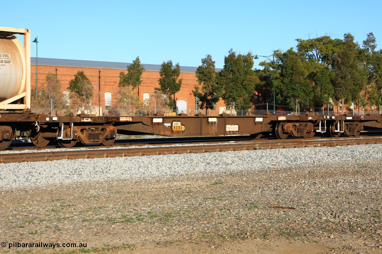 100609 09978
Midland, AQNY 32159, one of sixty two waggons built by Goninan WA in 1998 as WQN type for Murrin Murrin container traffic, running empty on train 3426 up Kalgoorlie Freighter.
Keywords: AQNY-type;AQNY32159;Goninan-WA;WQN-type;