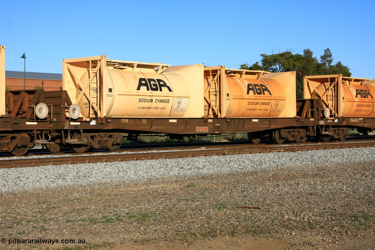 100609 09987
Midland, AZDY 30728, one of about fourteen WBAX vans converted to AZDY type sodium cyanide container waggon, originally built by WAGR Midland Workshops as one of seventy five WV/X type covered vans in 1967-68, converted late 1988/9 to WQDF. Loaded here with two empty AGR sodium cyanide tanktainers SD 638 and SD 663.
Keywords: AZDY-type;AZDY30728;WAGR-Midland-WS;VWV-type;WVX-type;WBAX-type;WQDF-type;